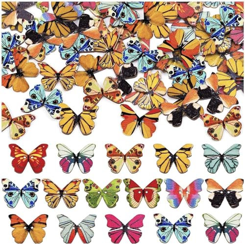 „LZMDISU“ Holz-Schmetterlingsknöpfe zum Basteln, 200 Stück, DIY Vintage-Holz-Schmetterling, niedliche Insektenknöpfe zum Nähen, 2,5 cm, bunt, 2 Löcher, kleine Cartoon-Dekorknöpfe zum Basteln, Kleidun