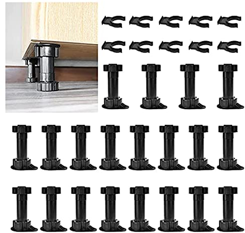 Torribaly Lot de 20 pieds de meubles réglables avec clips pour planche à marcher, pieds de cuisine réglables en hauteur pour armoires de cuisine et de salle de bain