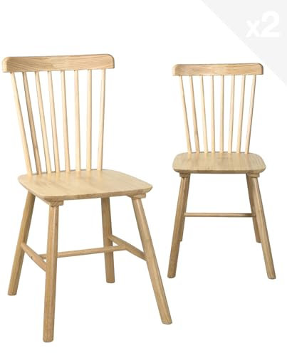 KAYELLES Lot de 2 chaises à barreaux bistrot café rétro Vintage Bois Massif Vernis Mona (Bois Teinte Naturelle)