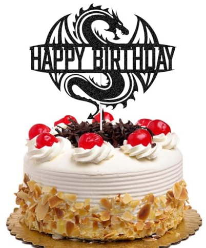 Dragon Happy Birthday Cake Topper, Dragon Knight Theme Birthday Cake Decor, Animated Film Themed Game Party Decoration Supplies Black Glitter
