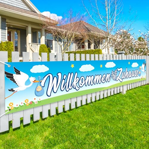 LOHAME Willkommen Zuhause Baby Banner 300 x 50 cm Größe - Blau Storch Geburt Partysbanner für Babyparty & Dekoration für Jungen