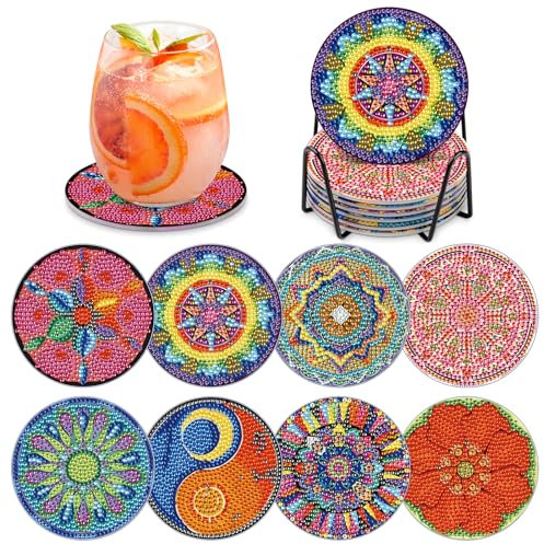 MOGTAA 8 Pièces Mandala Peinture Diamant Dessous de Verre avec Support, DIY sous-Verres Art de Diamant pour Les Adultes Enfants, Kits de Peinture de Diamant, Décoration de Table pour l'artisanat