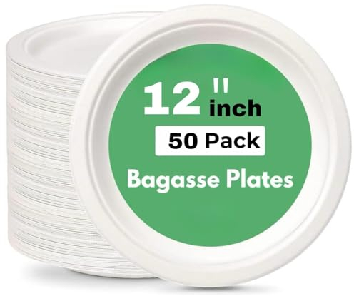 Wrap n Pac 12 inch Pizza Round Plates Disposable Biodegradable Bagasse Sugarcane Wedding Party Plates Eco Friendly Tableware (12 Inch - Box of 50pcs)
