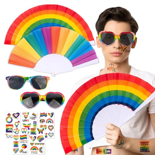 BOFUNX 9 Stück Gay Pride Accessoire, LGBTQ Accessoires Kit, Regenbogen Brille Faltfächer Temporäre Tattoos Gay Pride Set für Gay Lesben Pride Parades
