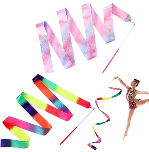Molain 2 Pcs Rhythmic Dance Ribbons, 78.7 Inch Gymnastics Ribbon Dancer Wand Dancing Ribbon Streamers for Kids, Rainbow Ribbons for Artistic Dancing Gymnastics Circus Carnival Shows(Pink)