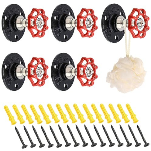 BTSKY 5 ganchos de hierro industrial vintage para colgar en la pared con mango rojo, estante de almacenamiento para bata, toalla, bolso, paraguas, decoración antigua del hogar