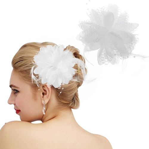 MWOOT 2 Stück Feder Blume Haarspange, 1920er Fascinator Feder Haarnadel für Damen, Weiß Blumen 20er Jahre Haarschmuck für Karneval Halloween Cocktail Hochzeit Tee-Party Accessoires