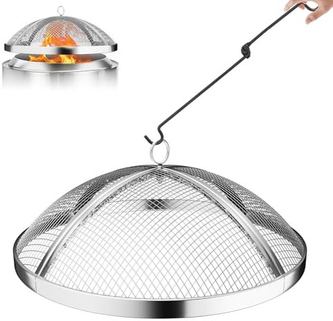 Teisaiko Feuerschalen-Funkschutz für Soloofen, Lagerfeuer, strapazierfähig, 304 Edelstahlgeflecht, Funkenschutz, Zubehör für Soloofen, Lagerfeuer, mit Griff und Schürhaken (für Lagerfeuer 49,5 cm)