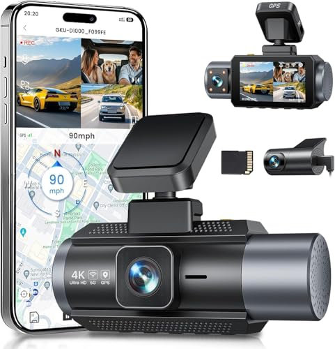 GKU 4K 3 Channel Dash Cam,4K+1080P+1080P Dash Cam Front and Rear and Inside,5G WiFi DashCam,Built-in GPS,170° Wide Angle DashCam,24H Parking Mode,64GB Card,3-Inch Screen,Max 512GB.