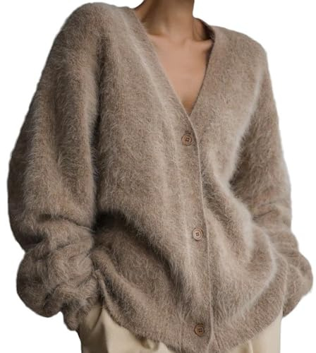 Lockenstab Luxuriöser Kaschmir-Cardigan Für Damen, Flauschiger Strickjacke, Plüsch, V-Ausschnitt, Offene Vorderseite, Knopf, Pullover-Jacken
