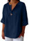 Generisch Camiseta de manga larga para mujer, de verano, informal, cuello de pico, suelta, básica, monocolor, elegante, de manga corta, vintage, blusa de verano con botones, azul marino, 3XL