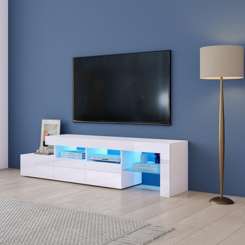 Komtopod White TV Stand Cabinet with LED Lights, High Gloss TV Unit with 3 Drawers, 2 Open Shelves and 1 Glass Shelf, LED TV Stand Entertainment Center Unit for Living Room, Dining Room, Bedroom