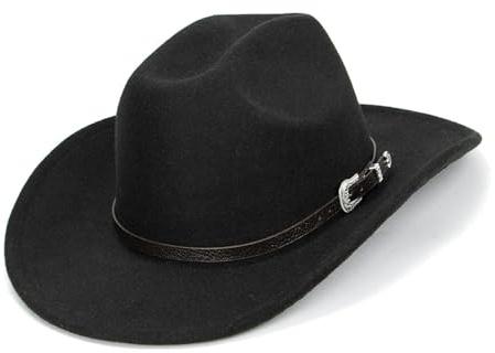 VASANA Schwarzer Filz Western Cowboy Hut mit Gürtels Chnalle Klasse Aufrollen Breite Krempe Fedora Hut Cowgirl Jazz Cap für Frauen Männer