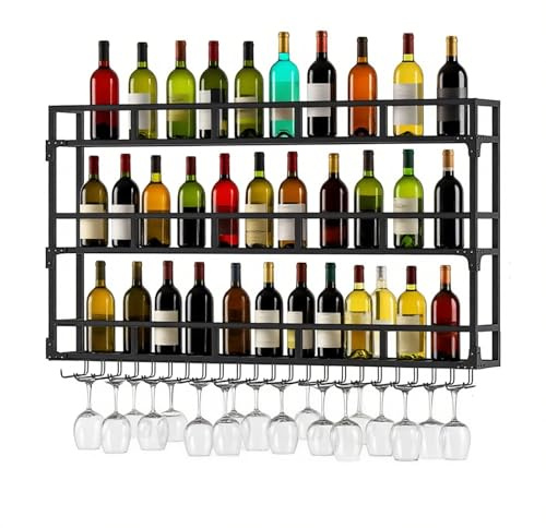 BYJSJY Wand-Weinregal Mit LED-Beleuchtung,Flaschenregal,Weinflaschenhalter,3-stufiges Metallregal,Elegantes Bar-Regal Für Küche Weinkeller,Schwarz(39.4in(100cm))