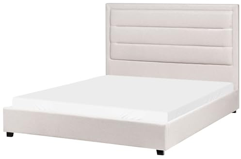 Beliani Fabric Bed with a Headboard EU Double Size 4ft6 Upholstered Light Beige Rouen