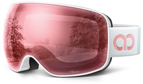 Lamicall Ski Goggles, Skiing Goggles - 【HD Spherical Lens】 Anti-fog Snow Snowboard Goggles with Wide OTG Over Helmet Compatible, UV400 Protection for Men & Women - White Frame - Pink