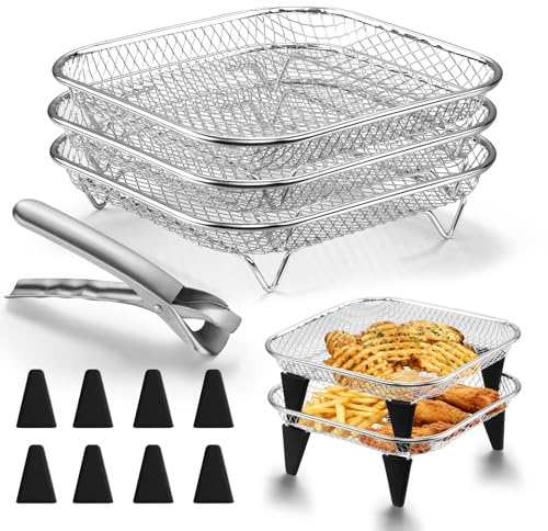 Homikit Heißluftfritteuse Zubehör, 3 Lagiges Stapelbar Edelstahl Grillrost | Airfryer Zubehör mit 1 Frittierkorb 8 Silikonfüßen & 1 Greifklammer, Eckig Grillrost für Frittieren Backen, Spülmaschinenfest