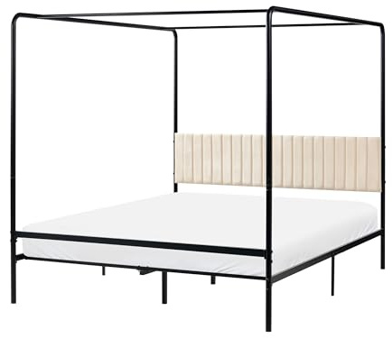 Beliani Metallbett Himmelbett schwarz mit Polsterkopfteil beige Metallrost 160x200 cm Mirabeau