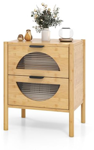 KOMFOTTEU Table de Chevet, Matériau en Bambou, 2 Tiroirs, 45 x 40 x 56 cm | Tables de Nuit avec Tiroirs en Verre Trempé, Table d'Appoint, pour Chambre à coucher, Salon