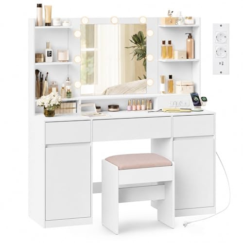 VASAGLE Kailyn Kollektion - Schminktisch mit Spiegel und LED-Leuchten, Hocker, Steckdosenleiste, 2 Schränke, 9 dimmbare Glühbirnen, 3 Lichtfarben, werkzeuglose Gleitschienen, wolkenweiß | Schminktisch mit Hocker, Steckdosenleiste, 2 Schränke, 9 dimmbare Glühbirnen, 3 Lichtfarben, wolkenweiß, KAILYN Kollektion