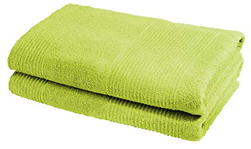 fleuresse Frottier 2828 2er-Set Duschtuch, mit Streifenbordüre und Kordelaufhänger, Ökotex Standard 100, Gewicht 550 gr. pro m², 70 x 140 cm, grün