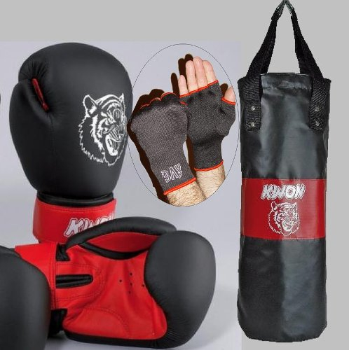 KWON® Boxset 10 Kilo gefüllt + Boxhandschuhe mit BAY Schlupfbandagen 82 cm x 26 cm Box Set fertig gefüllter Boxsack Sandsack und Boxbandagen Bandagen Kids Kinder Junioren Junior Teens schwarz rot Jugendliche Damen Lady Box-Handschuhe Tiger