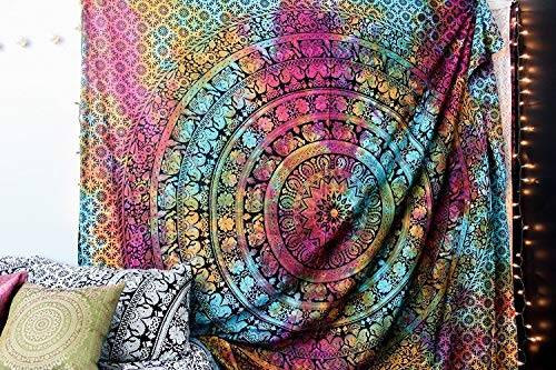 Popular Handicrafts Wandbehang für Schlafzimmer, Hippie, Elefant, Mandala, Bohemian, Hippie, aufwendiger indischer Wandteppich, 140 x 210 cm, mehrfarbig