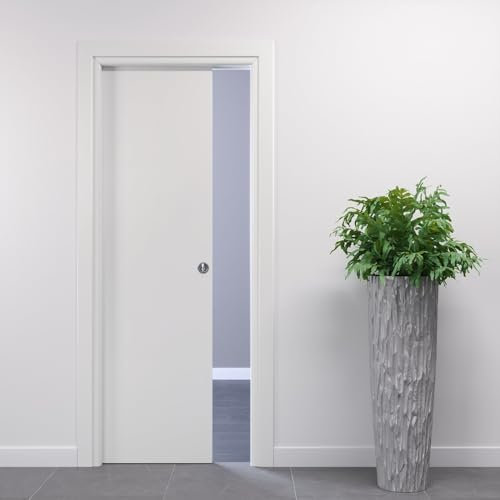 Porte Italiane, Porta Scorrevole Interno Muro, Porta a Scomparsa in Legno, Telaio in HDF e Coprifili Waterproof, Colore Bianco, 80x210 cm, con Serratura Cromo Satinato