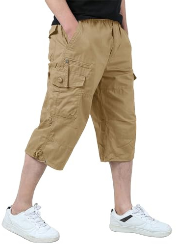 KEFITEVD 3/4 Hose Herren Cargo Shorts Männer Bermuda Shorts Multi Taschen Sommer Kurze Hose Baumwolle Arbeitshose Gummibund Lässig