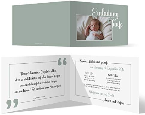 30 x Personalisierte Einladungskarten zur Taufe individuell für Junge oder Mädchen Klappkarten mit eigenem Foto - Zitat Motiv, Klappkarte DIN A6, dickes 300g/qm Kartonpapier
