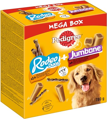 Pedigree Hundesnacks Mixpack mit Rodeo Duos Huhn & Lamm (24 Stück) und Riesenknochen Rind & Geflügel (4 Stück), 780g