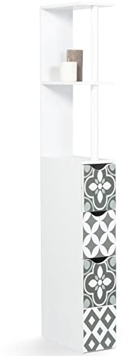 IDMarket - Meuble WC étagère Bois Willy 3 Portes Blanc et Motif Carreaux de Ciment Gris