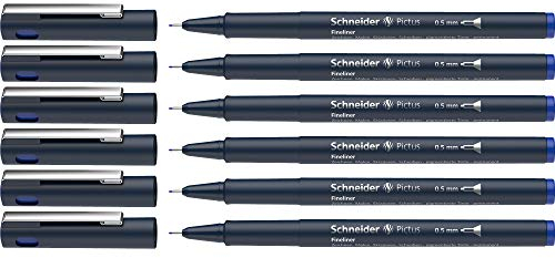 Schneider Pictus Fineliner (Strichstärke 0,5 mm, dokumentenechte Pigmentliner, metallgefasste Spitze, Gehäuse aus 85% recyceltem Kunststoff) 6er Pack, blau