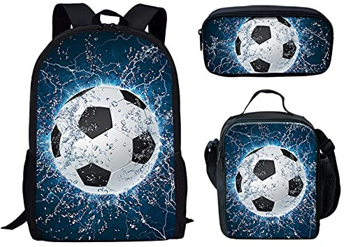 Biyejit Kinder Rucksack für Teenager Mädchen Jungen Schultasche Schulter Büchertasche Lunchbox Federmäppchen 3 in 1, Water Soccer, Einheitsgröße