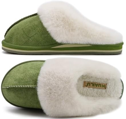 KuaiLu Hausschuhe Damen Flauschige Plüsch Lammfell Geschlossen Winter Warme Pantoffeln Frauen Kuschel Memory Fussbett Hause Slippers Rutschfest Feste Sohle Hüttenschuhe Indoor Outdoor. Grün 43