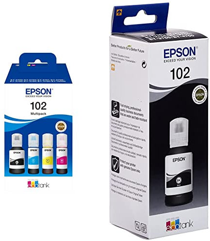 Epson E 102 CMJN Bouteille ECOTANK, Noir, Cyan, Jaune, Magenta & C13T03R140 Cartouche d'encre Compatible avec Imprimante ET2700 Noir Amazon Dash Replenishment est prêt
