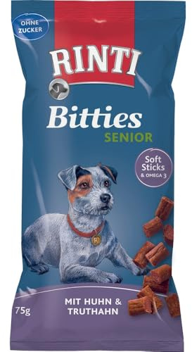 RINTI - Bitties Senior | Leckere Snacks mit frischem Fleisch für ältere Hunde. Hundesnack ohne Soja und Fleischmehle mit Omega 3 im Frischebeutel | 16x75g Huhn & Truthahn