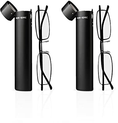 (2 Pairs) Lightweight Reading Glasses | Stylish Rectangular Frames in Black with Slim Metal Tube Cases by eye-spec (+3.0)