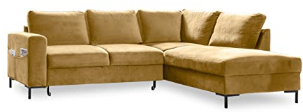 MIUFORM Ecksofa mit Schlaffunktion, Lofty Lilly Wohnlandschaft L-Form, Couch L Form Wohnladschaft mit Schlaffunktion Schlafcouch, Samt-Stoff Metallfüße (Senfgelb, Rechts ausgerichtet)