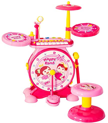 GYMAX Kids Keyboard and Drum Set, Children Electronic Drum Kit with Microphone, MP3 Cable, LED Lights, Stool & Drum Sticks, Musical Instrument for 3 Years Old + Boys Girls (Pink)