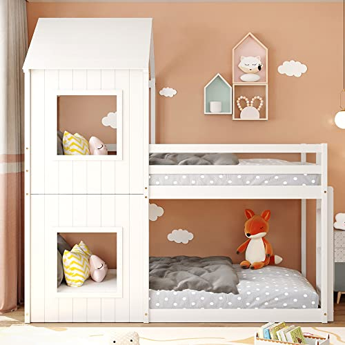 Moimhear Etagenbett Hausbett 90x200cm, Kinderbett, Bodentief, Mit Lattenrost, Leiter & Baldachin (Weiß)
