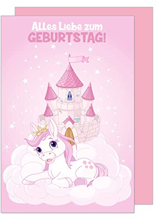 Edition Seidel Premium Geburtstagskarte mit Umschlag. Glückwunschkarte Grusskarte Billet Geburtstag Karte Happy Birthday Kinderkarte Kids lustig rosa Schloss Pony Wolken Mädchen (G1770 SW023)