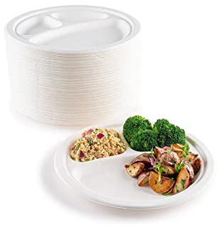 GRADISCO - Assiettes Jetables Trois Compartiments en Pulpe de Cellulose - Compostables en Bagasse Ø26 cm - Multi Compartiments (50)
