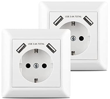 Kaifire USB Steckdose, 2 Stück Unterputz Steckdose mit USB Ladegerät Anschluss (Max. 3.4A) System 55 Reinweiß Glänzend Passent in Standard Unterputzdose Schuko Wandsteckdose für Smartphone Tablet MP3