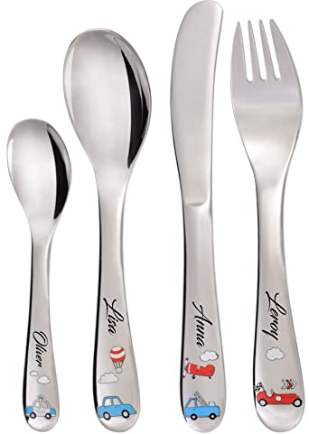 Auto Kinderbesteck mit Gravur - Kinderbesteck mit Namensgravur - Besteck personalisiert - Taufgeschenk Junge/Mädchen - Personalisiertes Geschenk Kinder 4-teilig