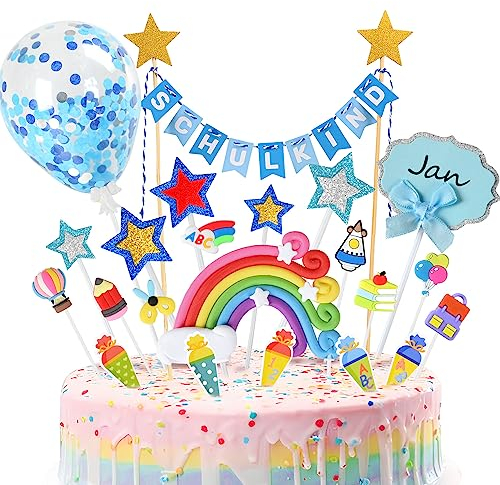iZoeL Tortendeko Einschulung Junge Blau Schulkind Girlande Schulanfang Kuchendeko Zuckertüte Kuchen Deko ABC 123 Buch Ballon Tortenaufsätze Torten Cupcake Muffin Topper