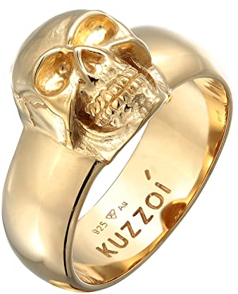 Kuzzoi Totenkopf Herrenring massiv 10 mm breit in 925 Sterling Silber vergoldet Bikerring Siegelring Ring für Männer Ringgröße 62, 0603463023_62