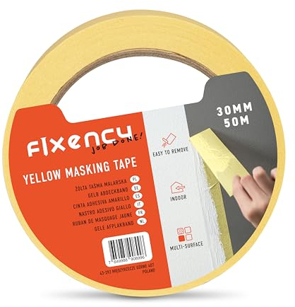 Fixency - 1x Ruban de Masquage Peinture (30 mm x 50 m) I Ruban Adhésif pour Peinture, Vernissage, Rénovation I Masquage Peinture Papier I Résistant à la Déchirure et au Décollement I Couleur: Jaune