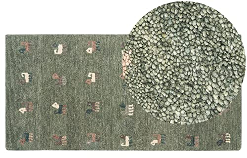 Gabbeh Teppich grün aus Wolle 80 x 150 cm Hochflor Tier Muster handgetuftet Kizarli