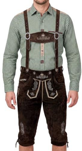 Bavarian Knee-Length Lederhosen for Men - Designed in Germany - Genuine Leather Pants with H-Style Suspenders, Color: Dark Brown, US Size: 36